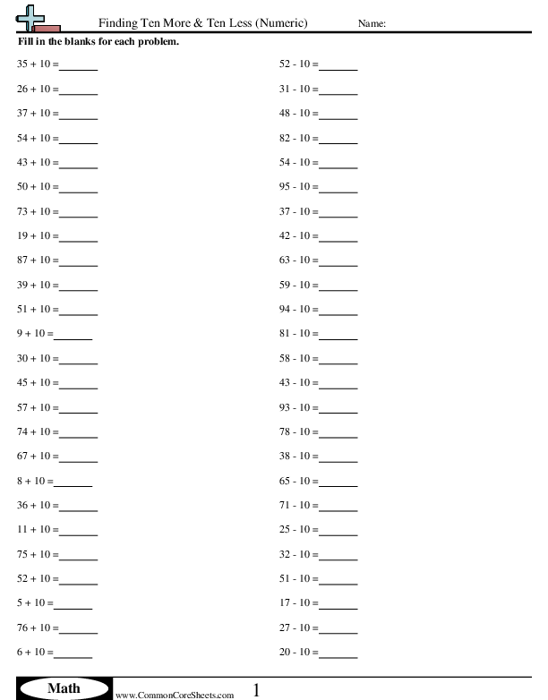 Math Drills Worksheets - Finding Ten More and Ten Less (Numeric) worksheet